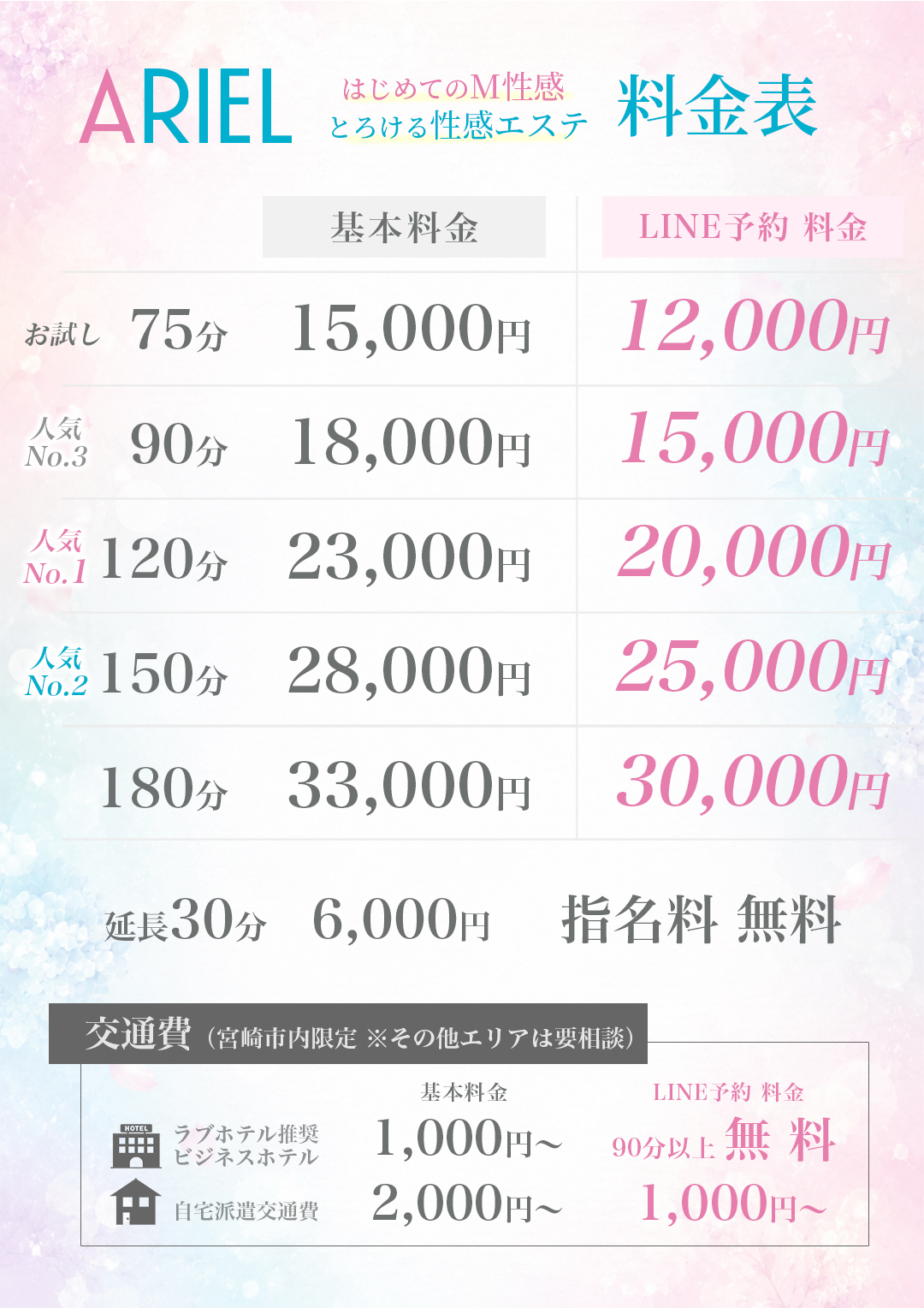ARIEL 基本料金 / LINE予約料金 料金表